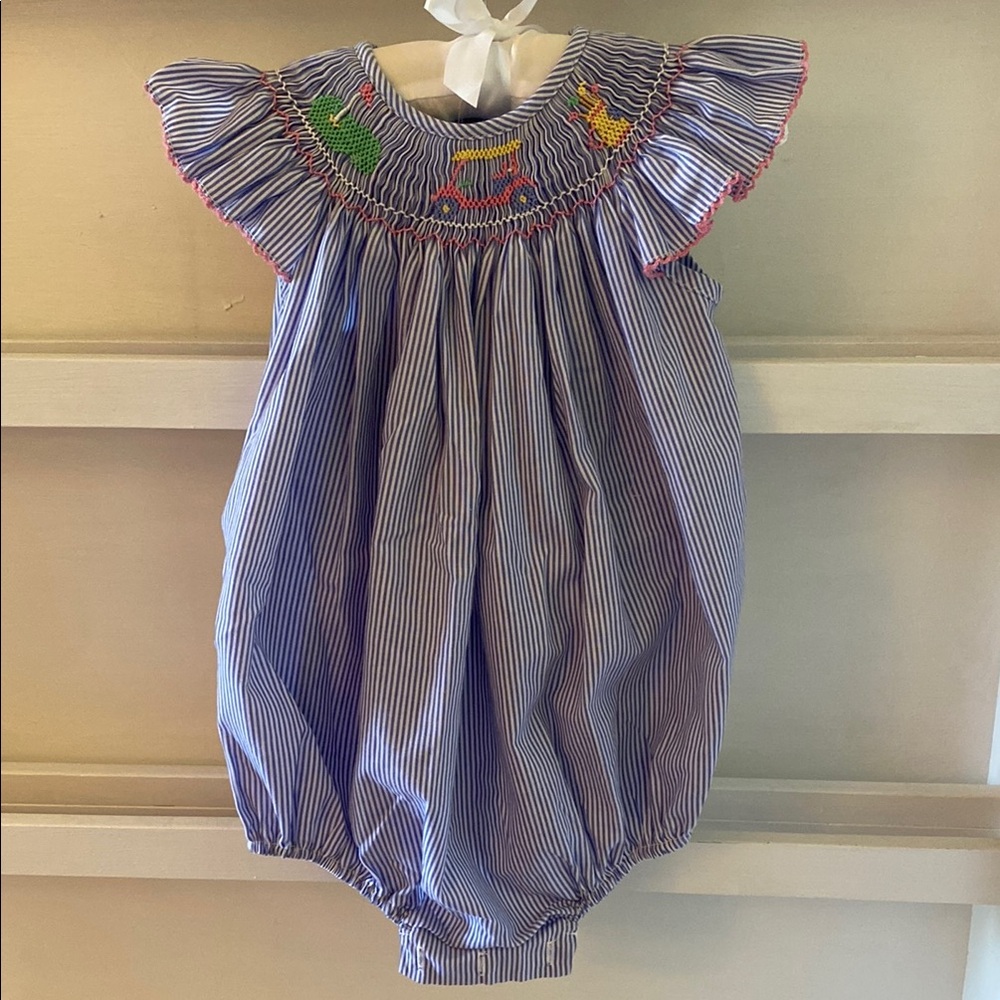 Striped Blue Kids Dress with Embroidered Details